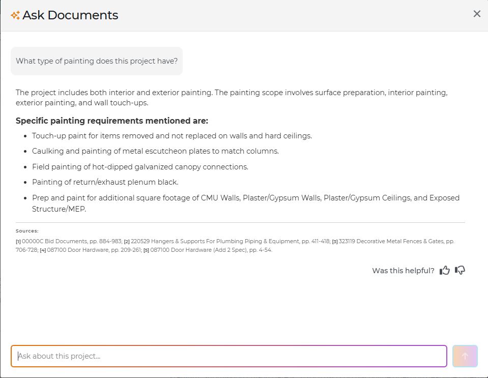Project Intelligence ‘Ask Documents’ panel showing an AI answer to the question ‘What type of painting does this project have?,’ with a bulleted list of specific painting requirements, cited document sources, helpful/not helpful thumbs, and a text box to ask another project question.