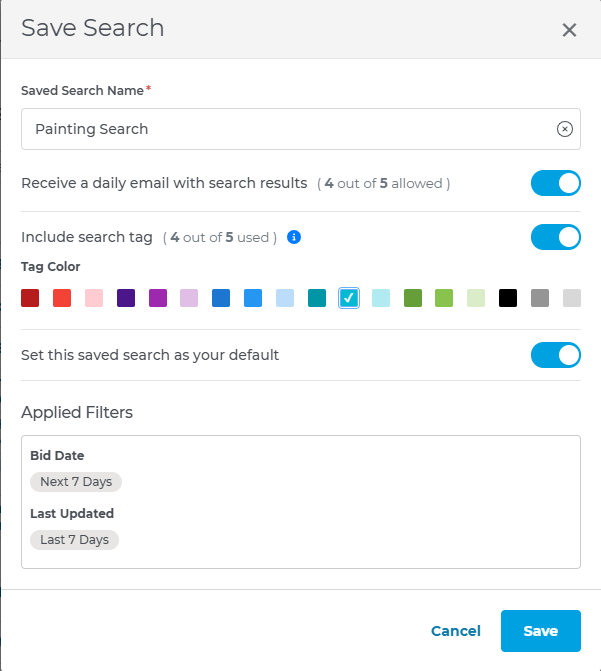 Save Search’ dialog with the name ‘Painting Search,’ options to receive daily email results, include a search tag with selectable tag colors, set the search as default, and a list of applied filters such as Bid Date and Last Updated, plus Cancel and Save buttons.