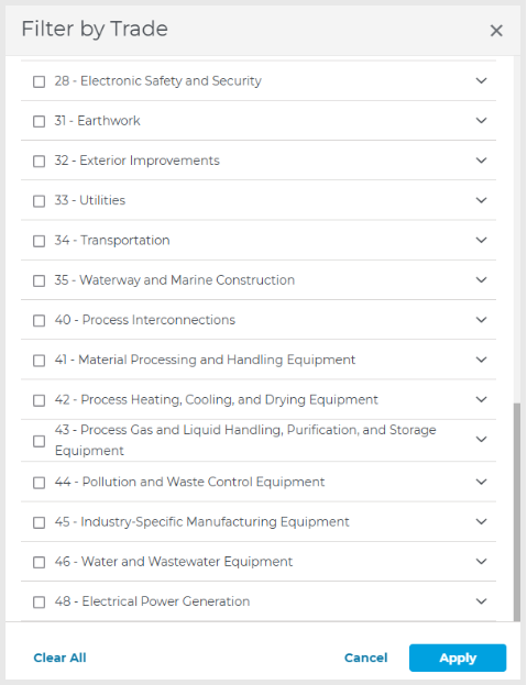 A screenshot of ConstructConnect Project Intelligence filter by trade.