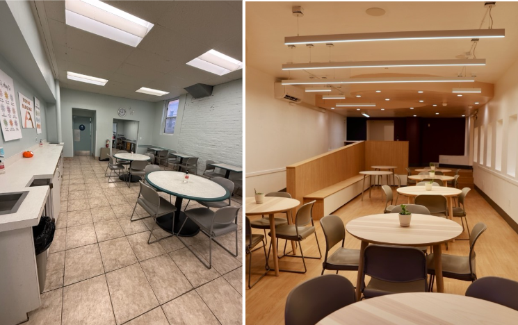 Before-and-after photos of a community room, from older cafeteria layout to renovated seating area. 