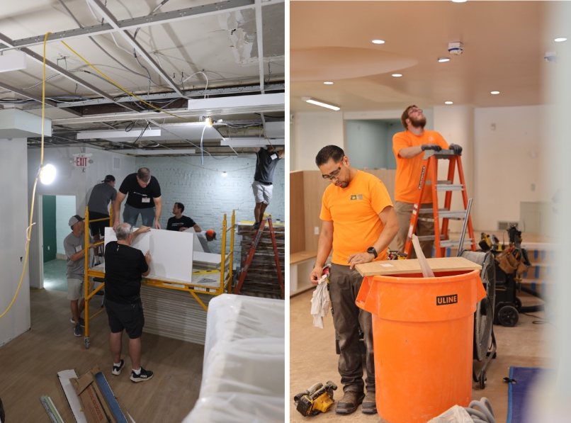 Before-and-after renovation photos showing volunteers at work and a brighter finished interior.