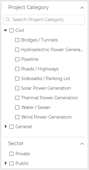 A screenshot of ConstructConnect Project Intelligence filter by Project Category and Sector.