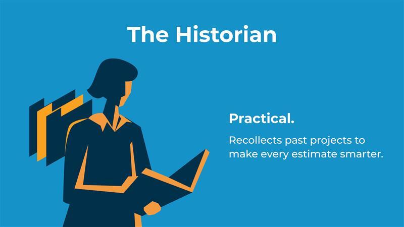 Illustration of an estimator reading plans representing The Historian
