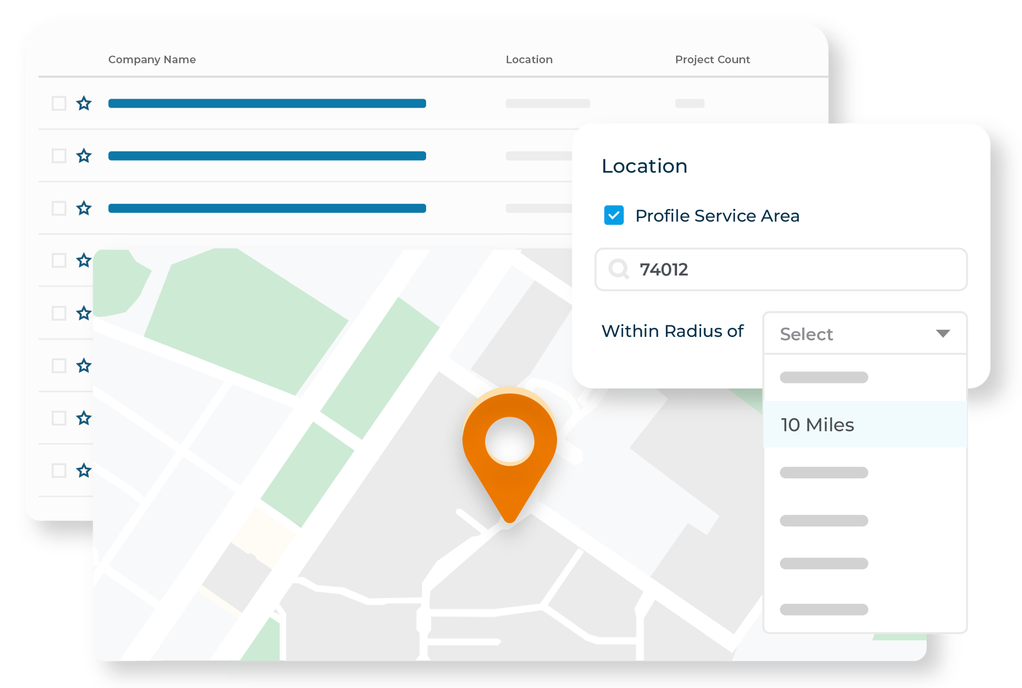 Résultats de recherche filtrés pour les entreprises par localisation, affichés sur une carte interactive pour un accès rapide et un ciblage des projets.