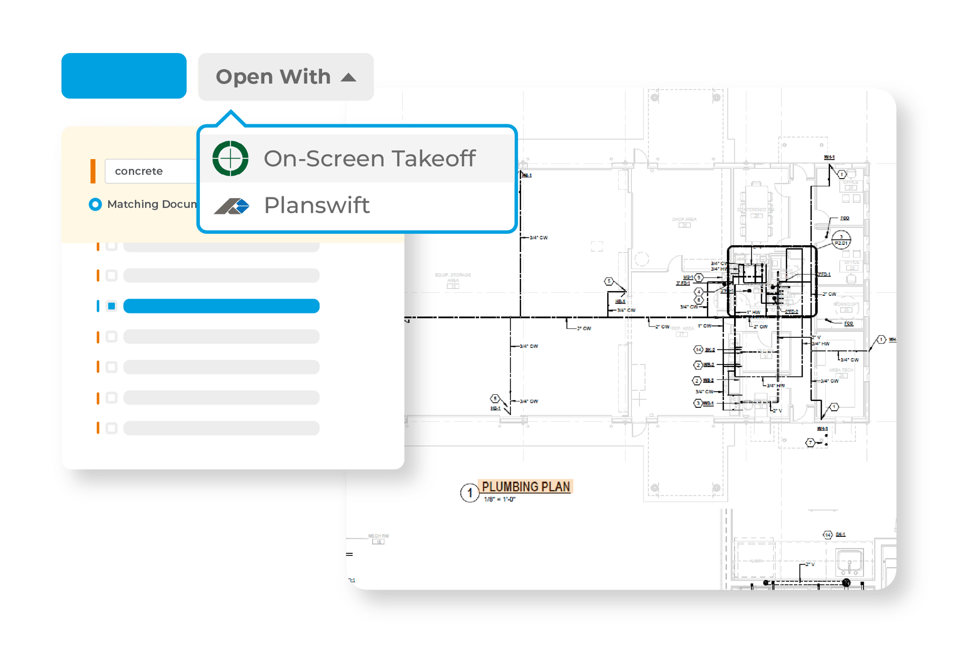 Floor plan in document search, with user opening in On-Screen Takeoff or PlanSwift programs to perform digital takeoff and measurements.