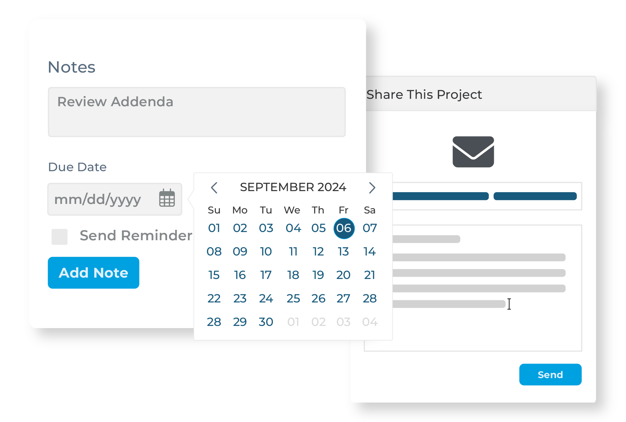 Adding notes to a project for team review, setting reminders, and sharing the project with the team for enhanced collaboration and streamlined management.