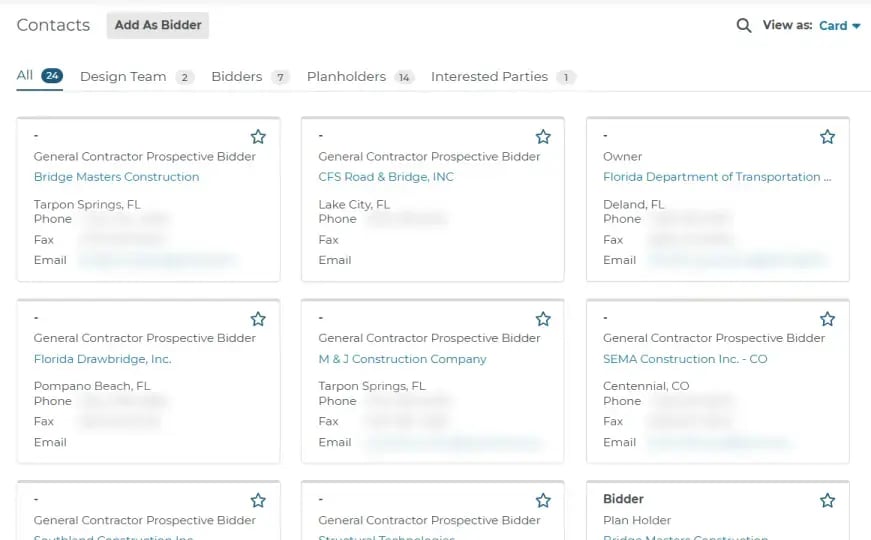List of project contacts in ConstructConnect Project Intelligence