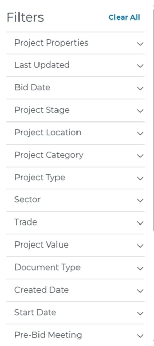 ConstructConnect Project Intelligence filters menu