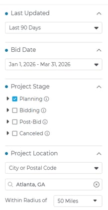 filters menu in ConstructConnect Project Intelligence