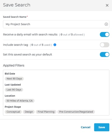 save search window in ConstructConnect Project Intelligence