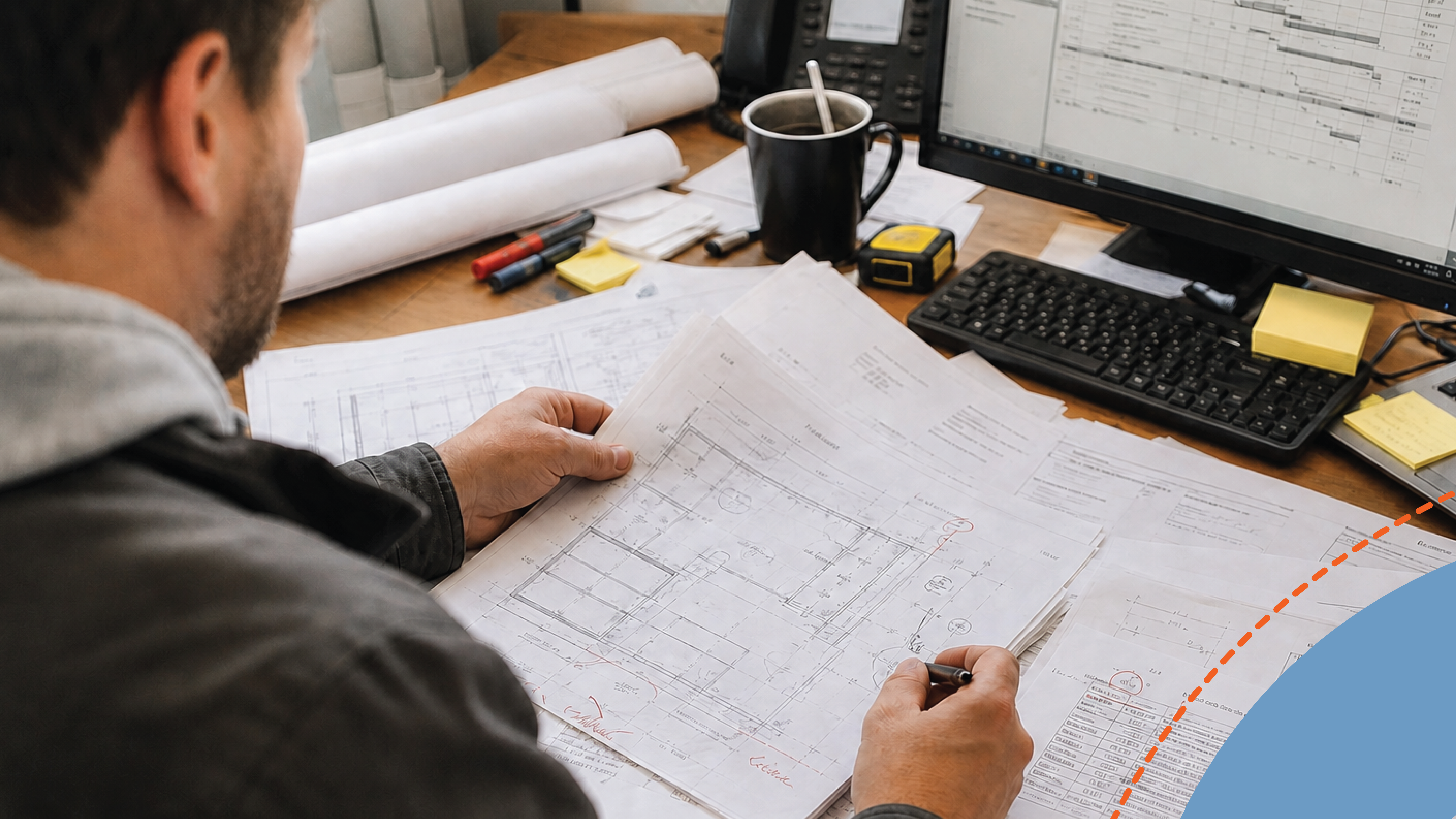 Estimator reading construction project plans at a desk