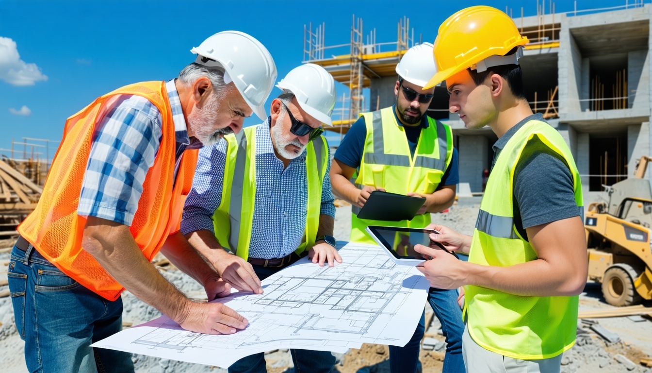 a team examines plans on a construction site in an AI generated image