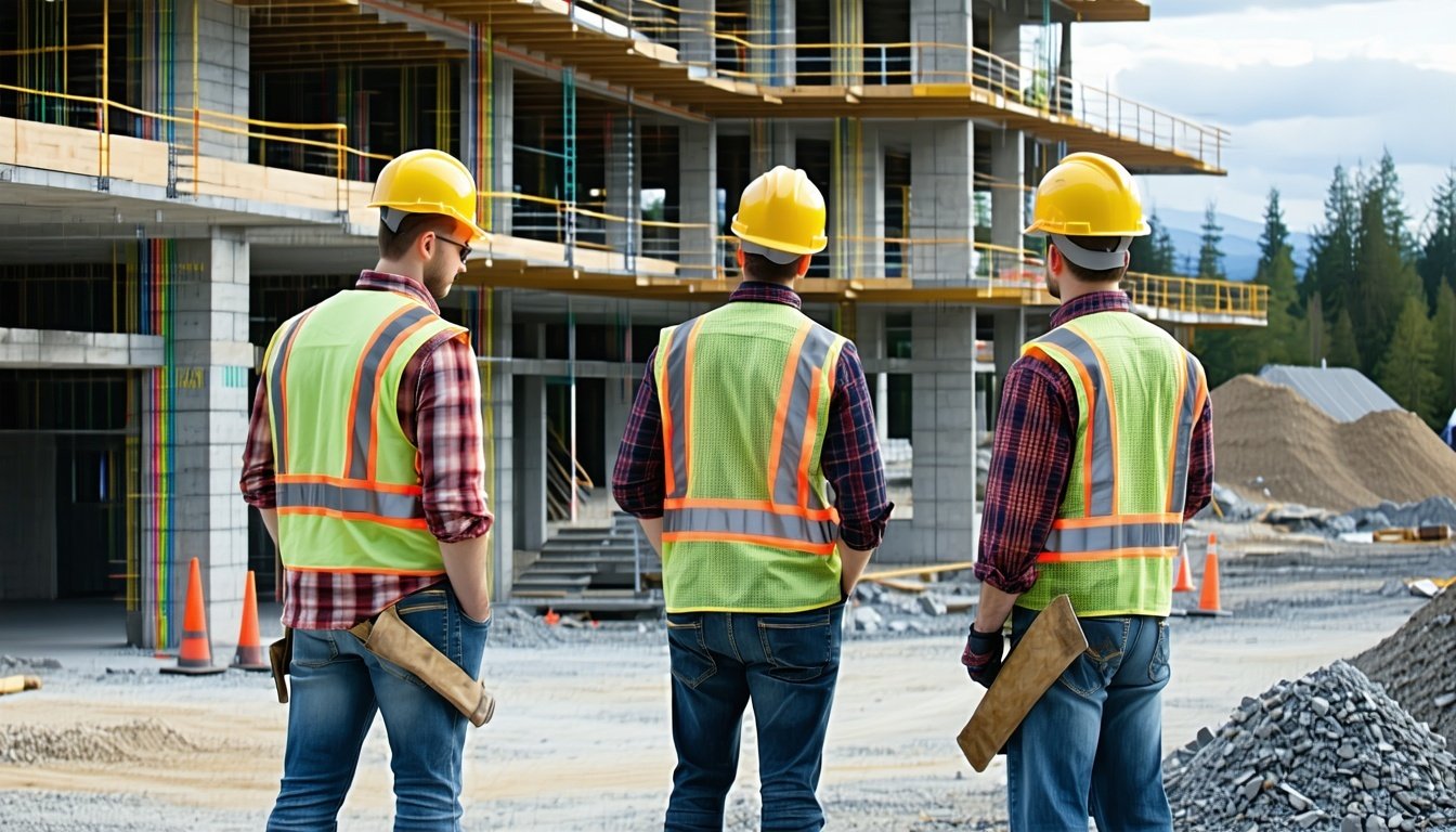 a group of construction labor stands on a construction site under development in an ai generated image