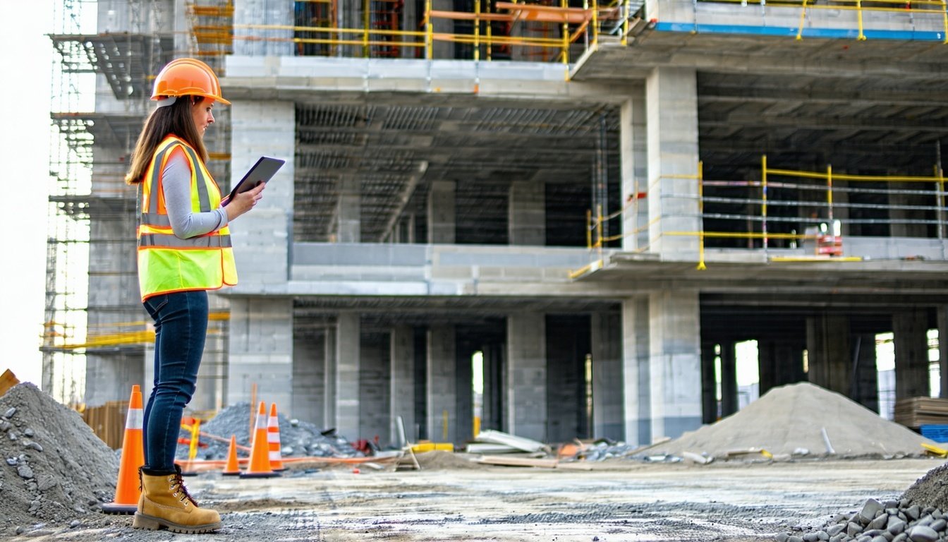An ai image of a construction professional evaluating a project under construction