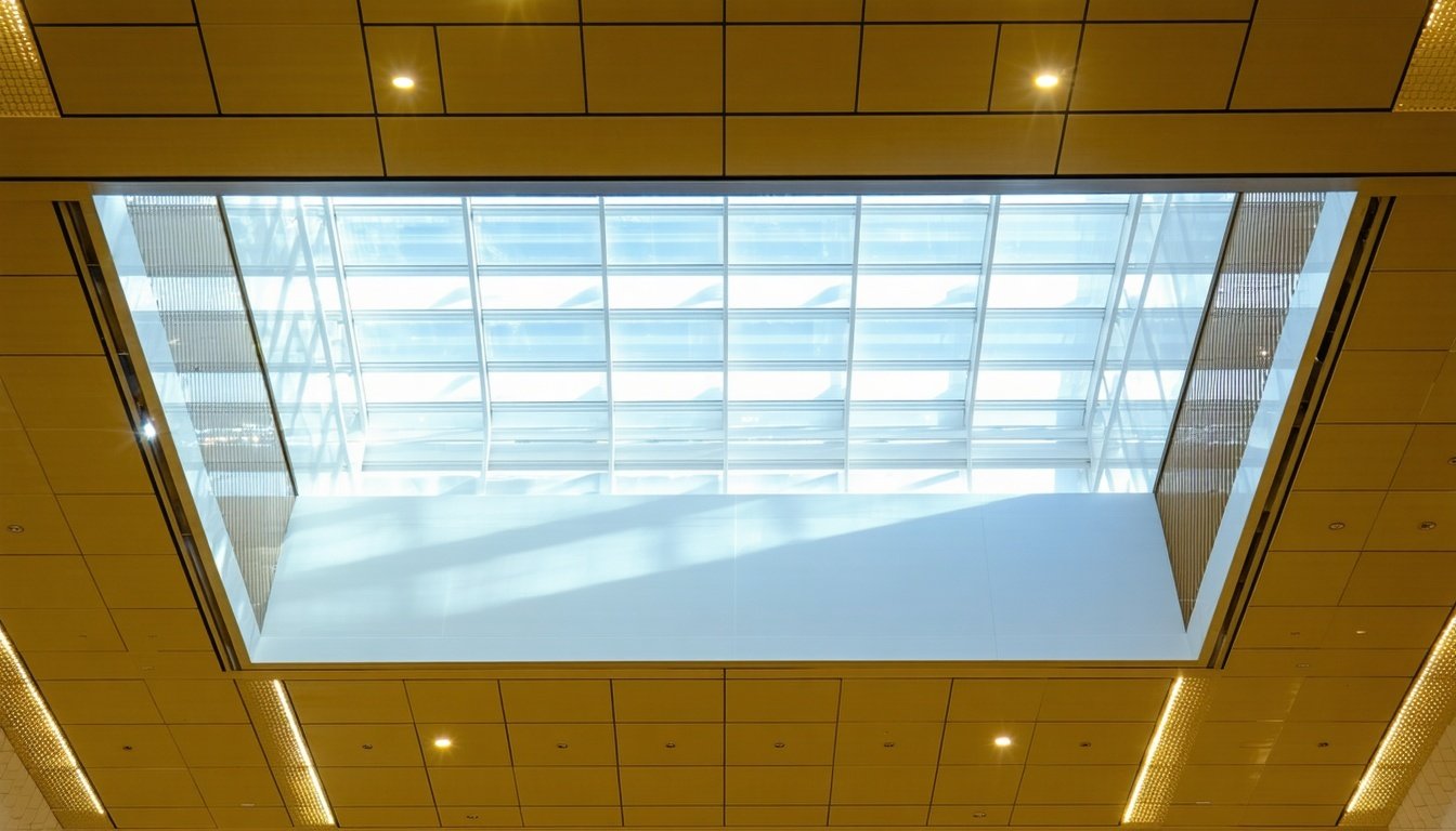   a ceiling of  modern, well lit  indoor recreational  L athletic complex ceiling.   