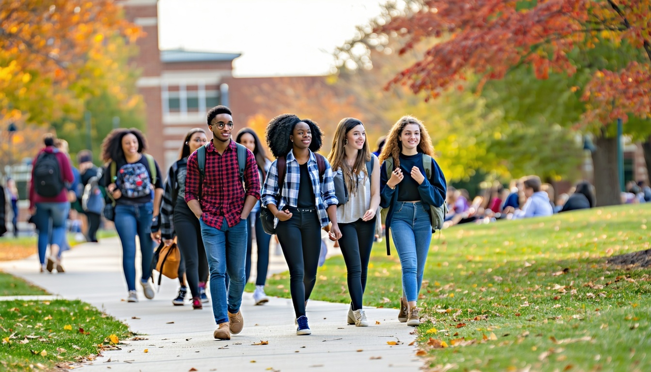 an ai generated image of a group of college students walking on a college campus in fall weather