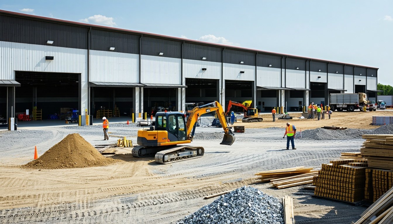 An ai rendering of a warehouse building a long, one-story concrete and steel building divided into several small stores. 