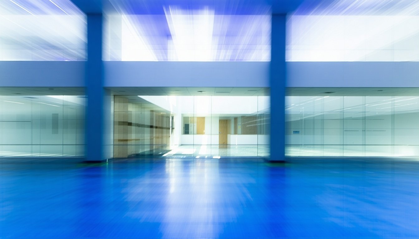 an ai generated abstract image of a hospital interior with blue linoleum floor and white aluminum clad facing on walls