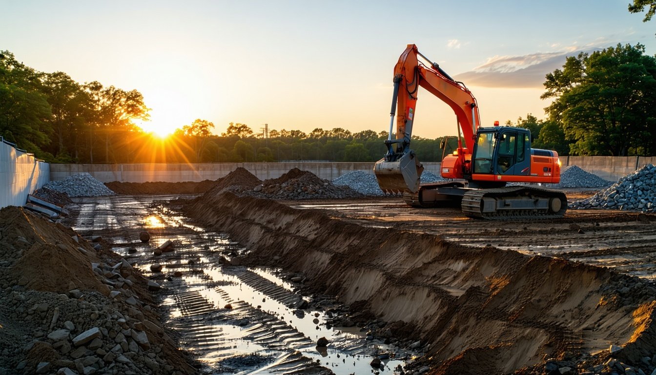 an ai image depicts a nearly unaltered, just started, construction project with initial sitework underway, dirt, rocks, and machinery on site in the SOUTHERN USA in summer