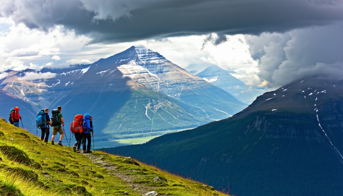 an ai image of the canadian mountains, storms clear, hikers evaluate the conditions strategically