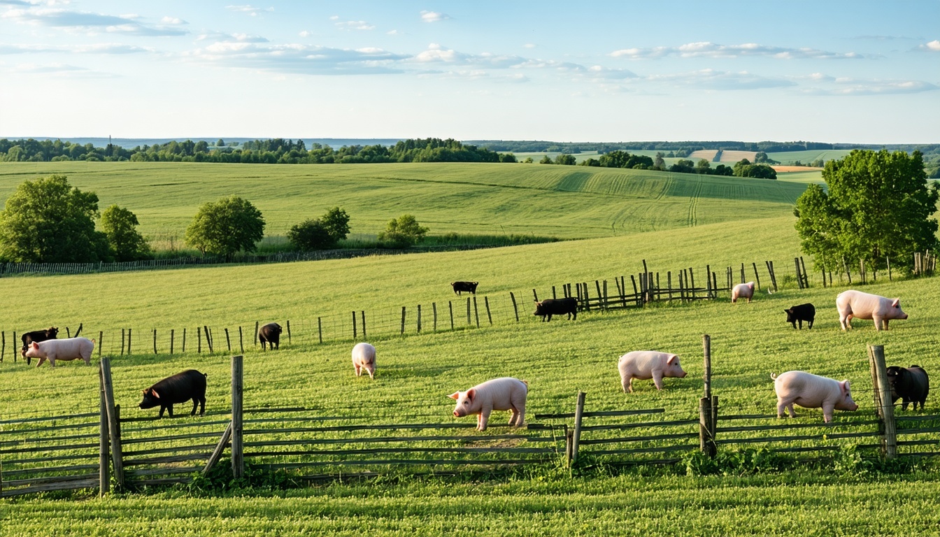 an ai image of an iowa landscape with some pigs dotted among the grasslands