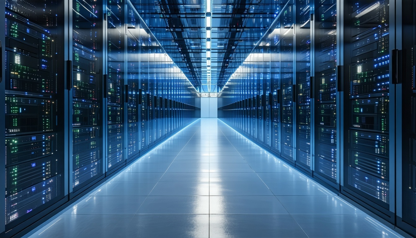 an ai data center lit with industrial lighting glimmers as the servers hum with activity 