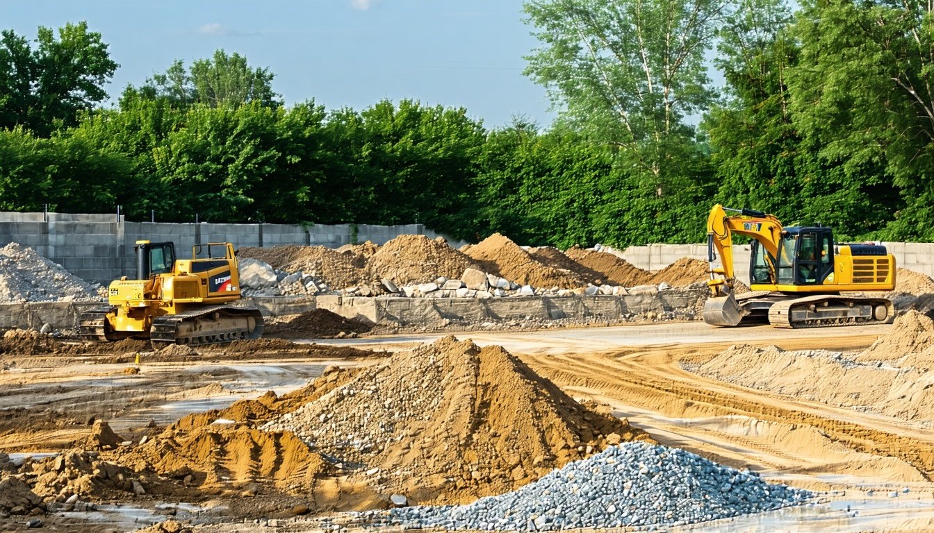an ai image depicts a nearly unaltered, just started, construction project with initial sitework underway, dirt, rocks, and machinery on site