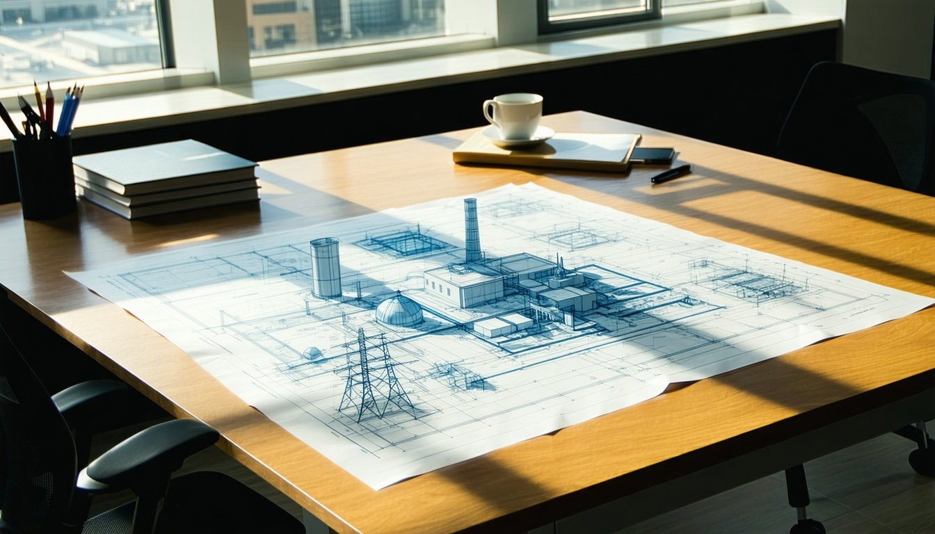illustration of desktop with power plant plans some 3d imagery ai created on a desk