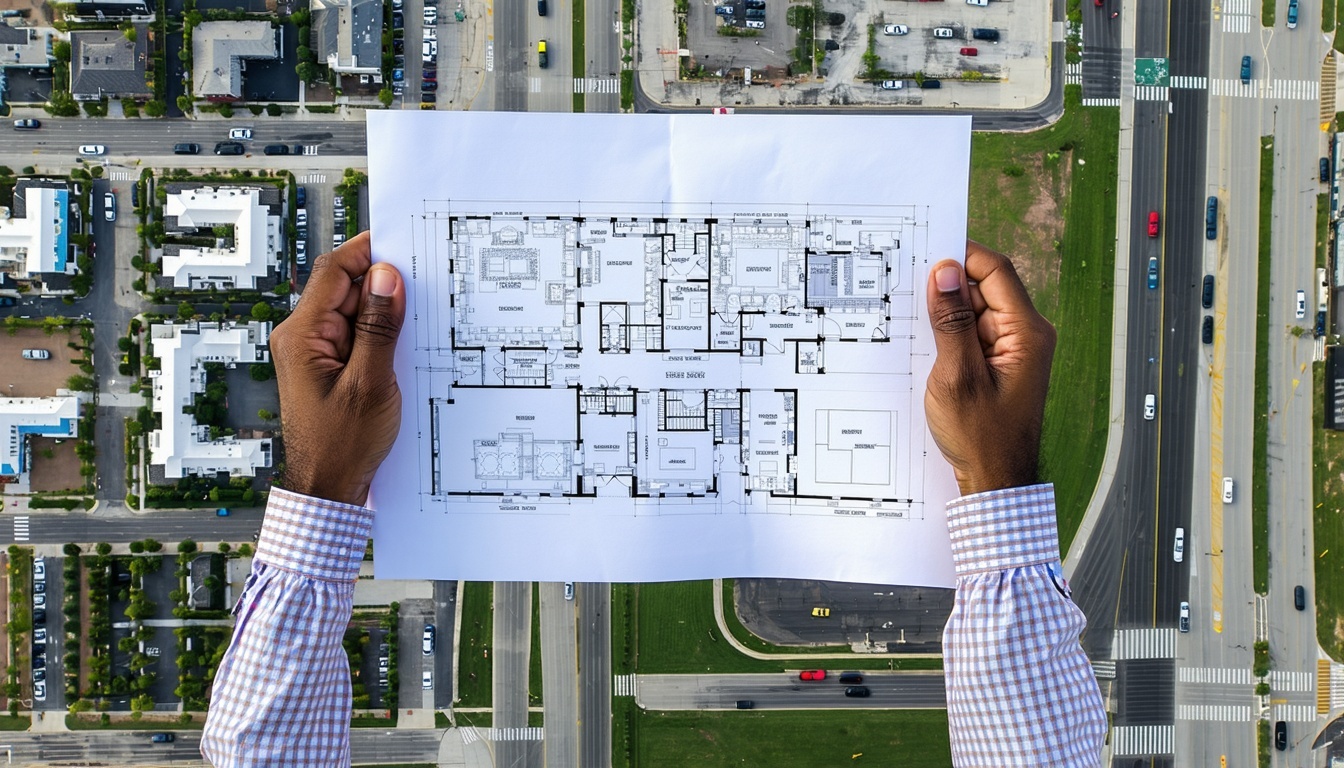 an ai generated image of a general contractor holding plans of a mixed use construction site in texas
