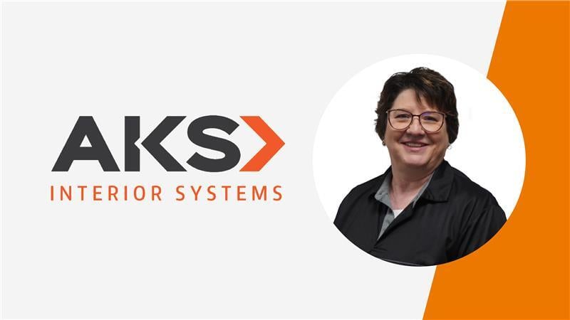 An image of lead estimator Sheri Winslow and her company logo AKS Interior Systems