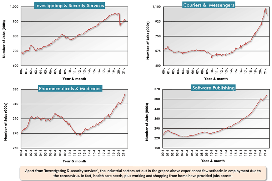 Apart from 'investigating & security services', the industrial sectors set out in the graphs above experienced few setbacks in employment due to the coronavirus. In fact, health care needs, plus working and shopping from home have provided jobs boosts.