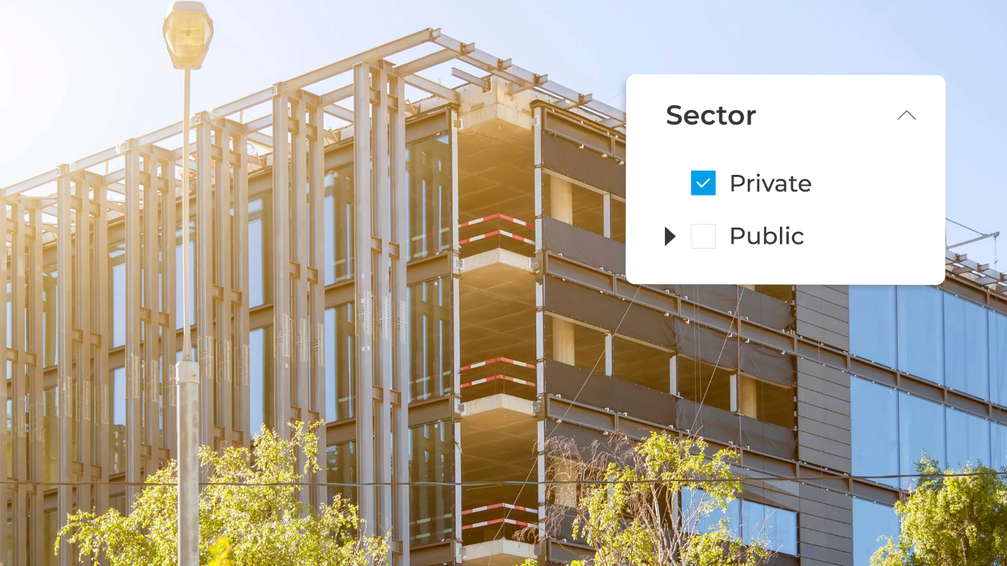 Building under construction with on-screen Sector filter showing Private checked and Public unchecked.