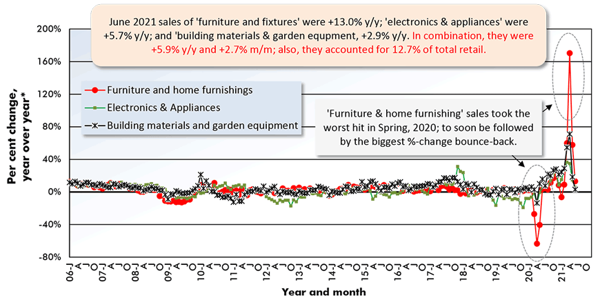 2021年6月“家具和固定装置”的销售额同比增长13.0%;电子及电器板块同比增长5.7%;建筑材料和园林设备同比增长2.9%。综合来看，y/y和m/m分别为+5.9%和+2.7%;此外，他们在零售总额中所占的比例为12.7%。