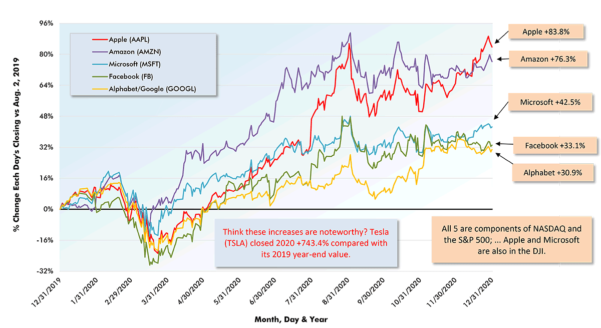 Latest 52-Week Performances of FAAMG (Big Tech) Stocks<br />
(Each day's closing value compared with Dec. 31, 2019 (i.e., year-before) value Chart