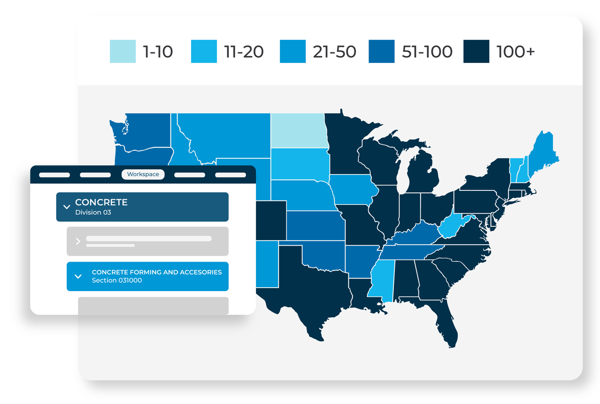 US map showcasing the number of construction projects across regions, with project data categorized by different construction fields for targeted insights.