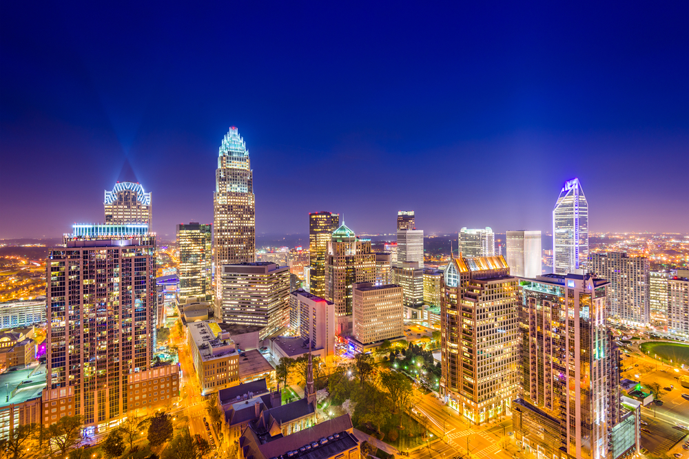 Charlotte, North Carolina, USA uptown skyline at night.