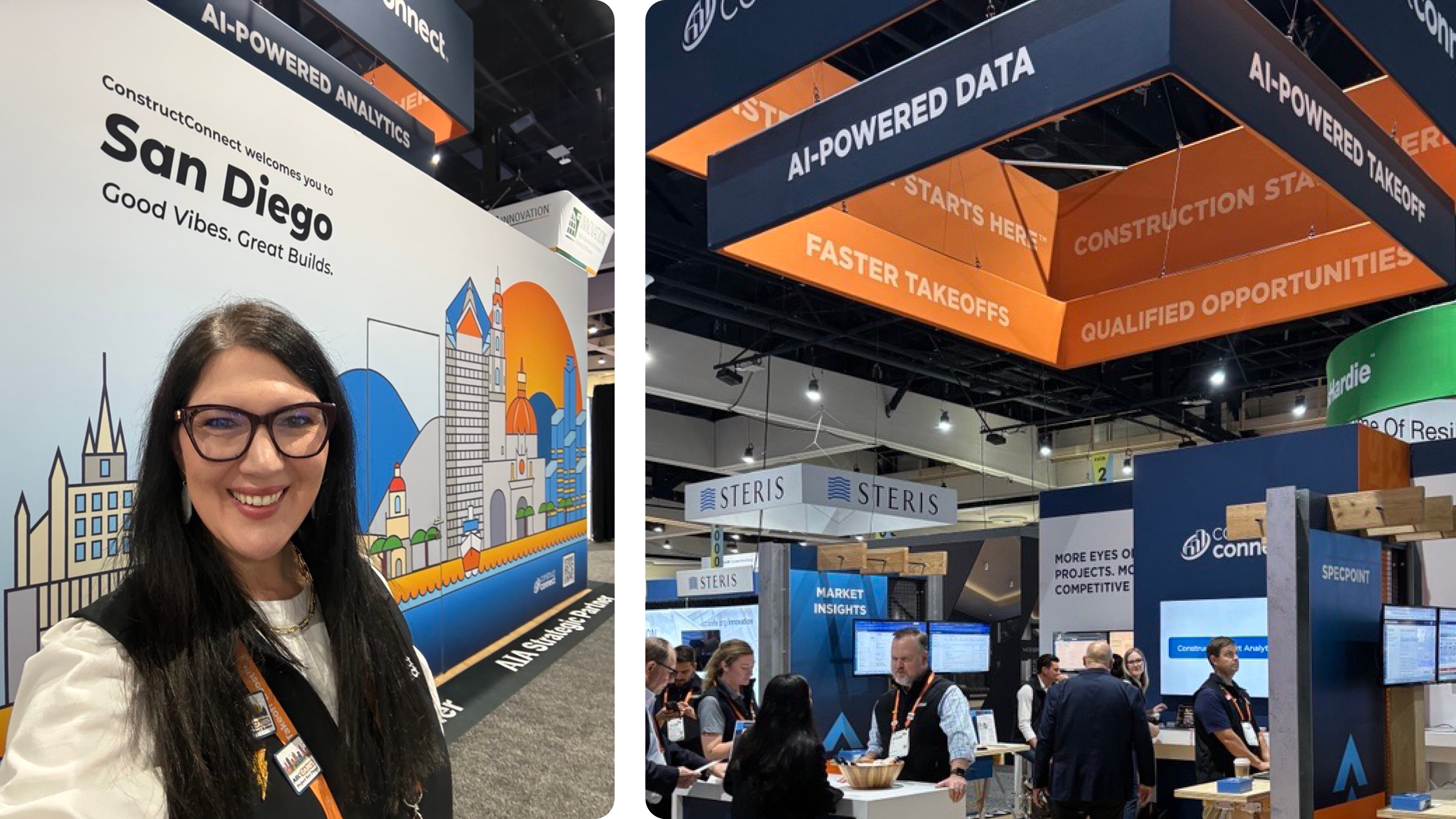 Trade show collage: attendee selfie by ConstructConnect San Diego wall and booth with AI-powered signage. 