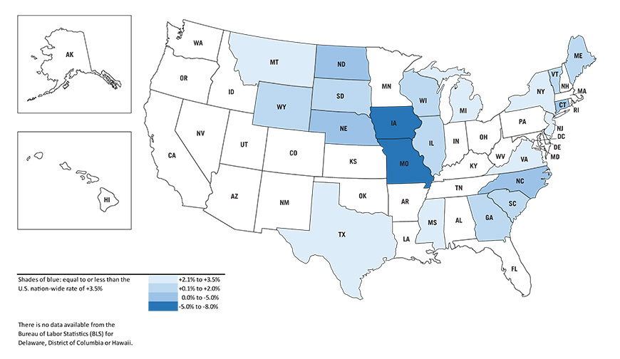 Q4 2017 versus Q4 2016 U.S. State Employment Change - Construction Map (equal to or less than the U.S. nation-wide rate of +3.5%)