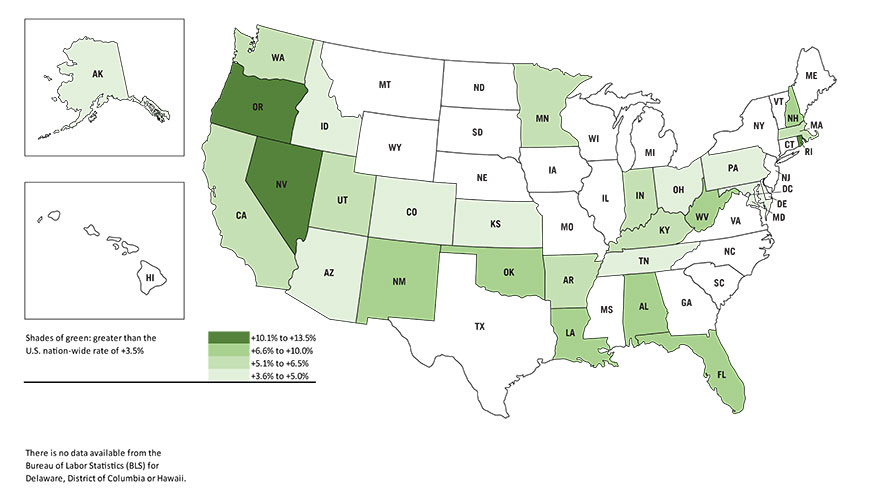 Q4 2017 versus Q4 2016 U.S. State Employment Change - Construction Map (greater than the U.S. nation-wide rate of +3.5%)