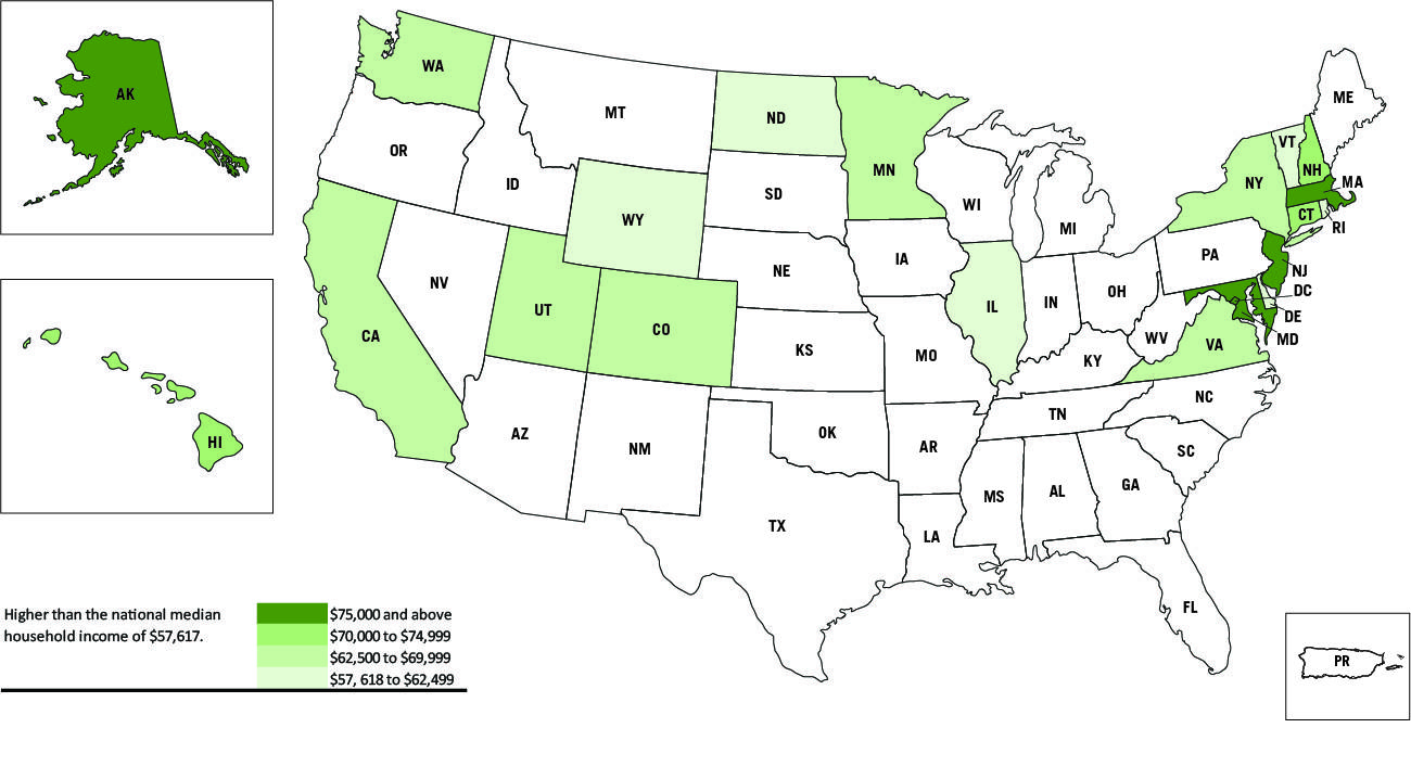 Median Household Incomes - U.S. States (Higher than the national median household income of $57,617)