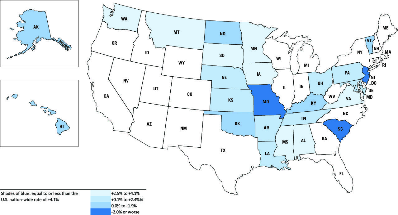 U.S. State Construction Employment, June 2018 vs June 2017 (lower than the U.S. nation-wide rate of +4.1%)