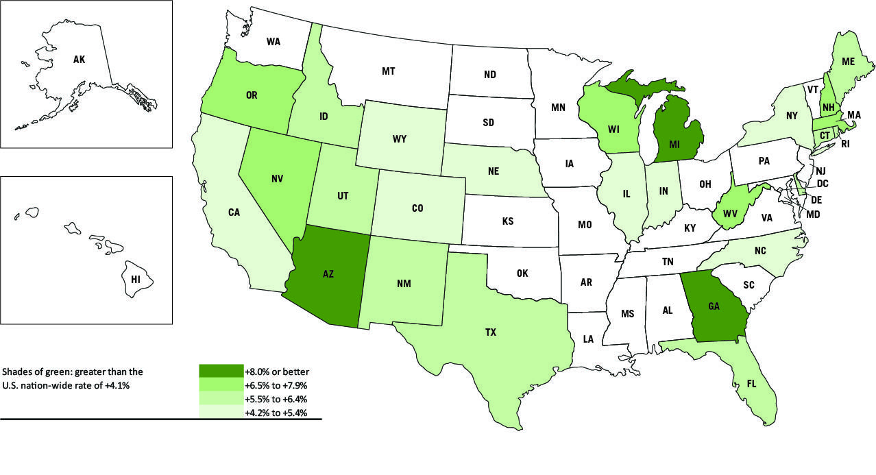 U.S. State Construction Employment, June 2018 vs June 2017 (greater than the U.S. nation-wide rate of +4.1%)