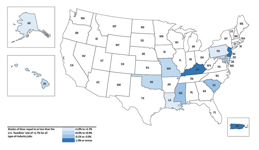 U.S. State Construction Employment, Oct. 2018 vs Oct. 2017 (equal to or less than the U.S. 'headline' rate of +1.7% for all type-of-industry jobs)