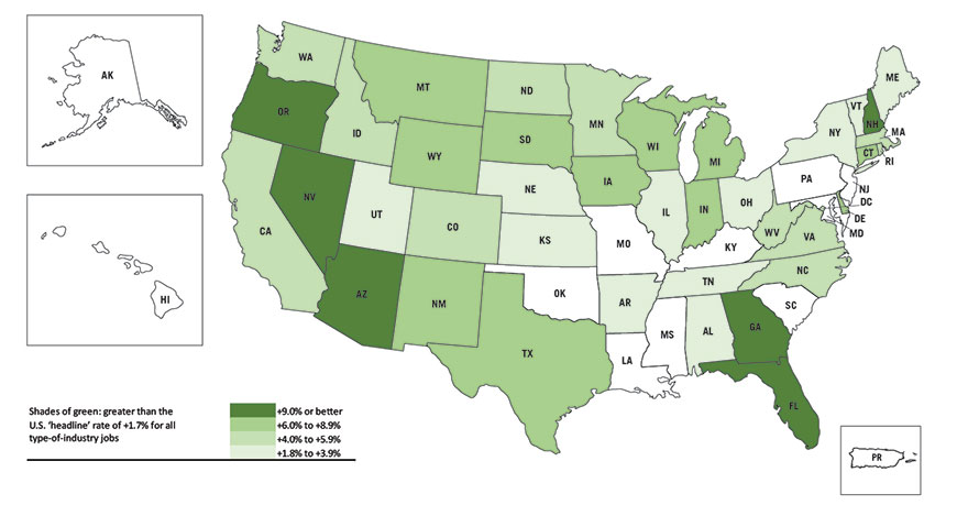 U.S. State Construction Employment, Oct. 2018 vs Oct. 2017 (greater than the U.S. nation-wide rate of +1.7% for all type-of-industry jobs)