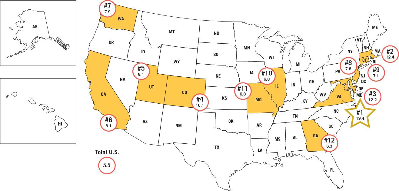 Map 1: Top 12 – Rankings of States by Industrial Sub-Sector Jobs – “Concentration - Computer Services and Related Services Jobs Per Million Residents of the State