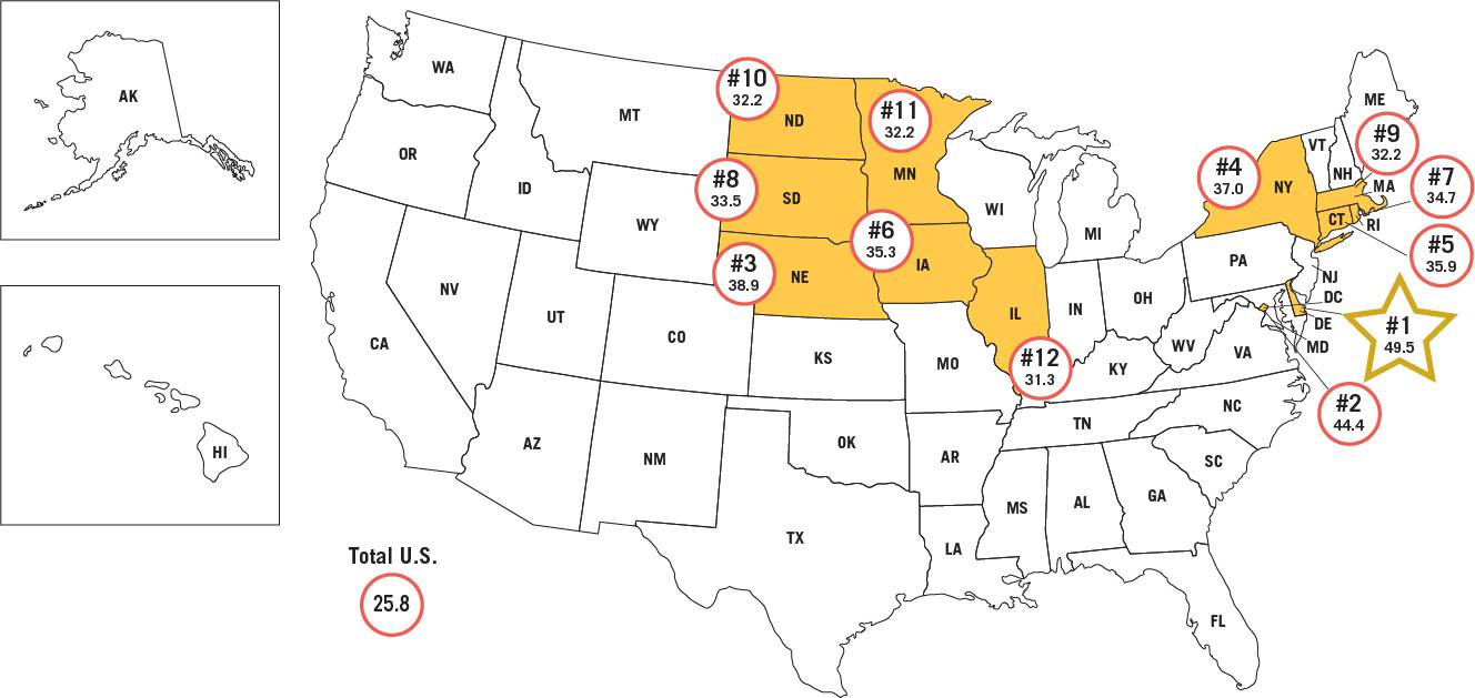 Map 1: Top 12 – Rankings of States by Industrial Sub-Sector Jobs – “Concentration - Manufacturing Jobs Per Million Residents of the State