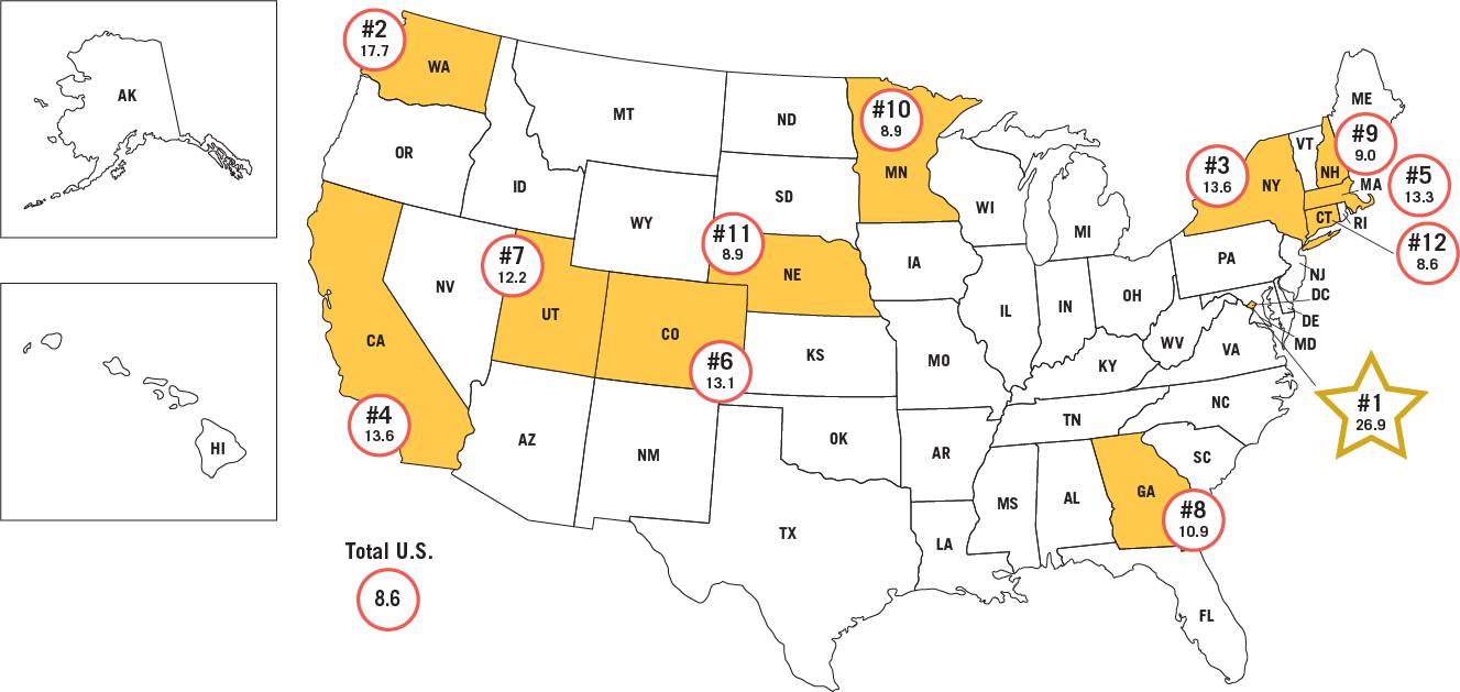 Map 1: Top 12 – Rankings of States by Industrial Sub-Sector Jobs – “Concentration - Information Services Jobs Per Million Residents of the State