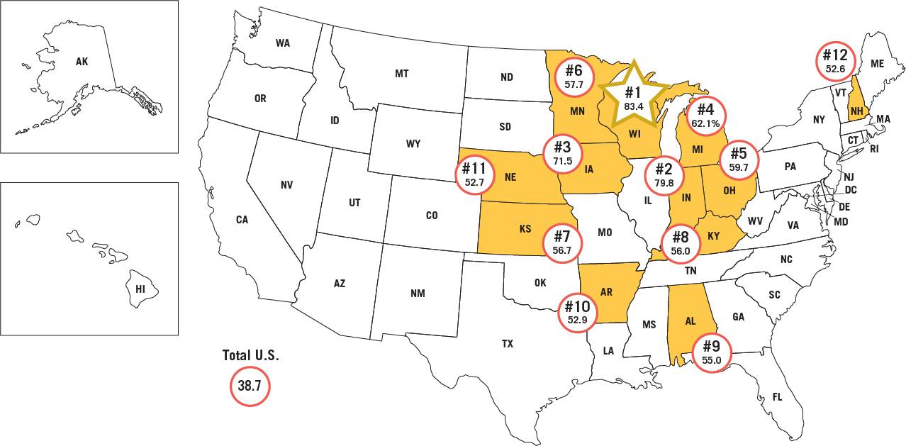 Map 2: Top 12 – Rankings of States by Industrial Sub-Sector Jobs – “Concentration - Manufacturing Jobs Per Million Residents of the State
