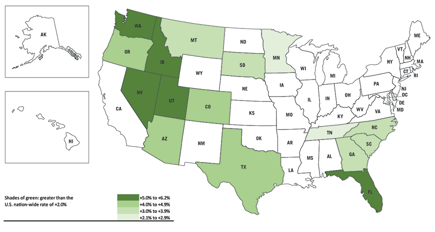 Map 1: U.S. Population - State Comparisons, July 2015 to July 2018 (greater than the nation-wide rate of +2.0%)