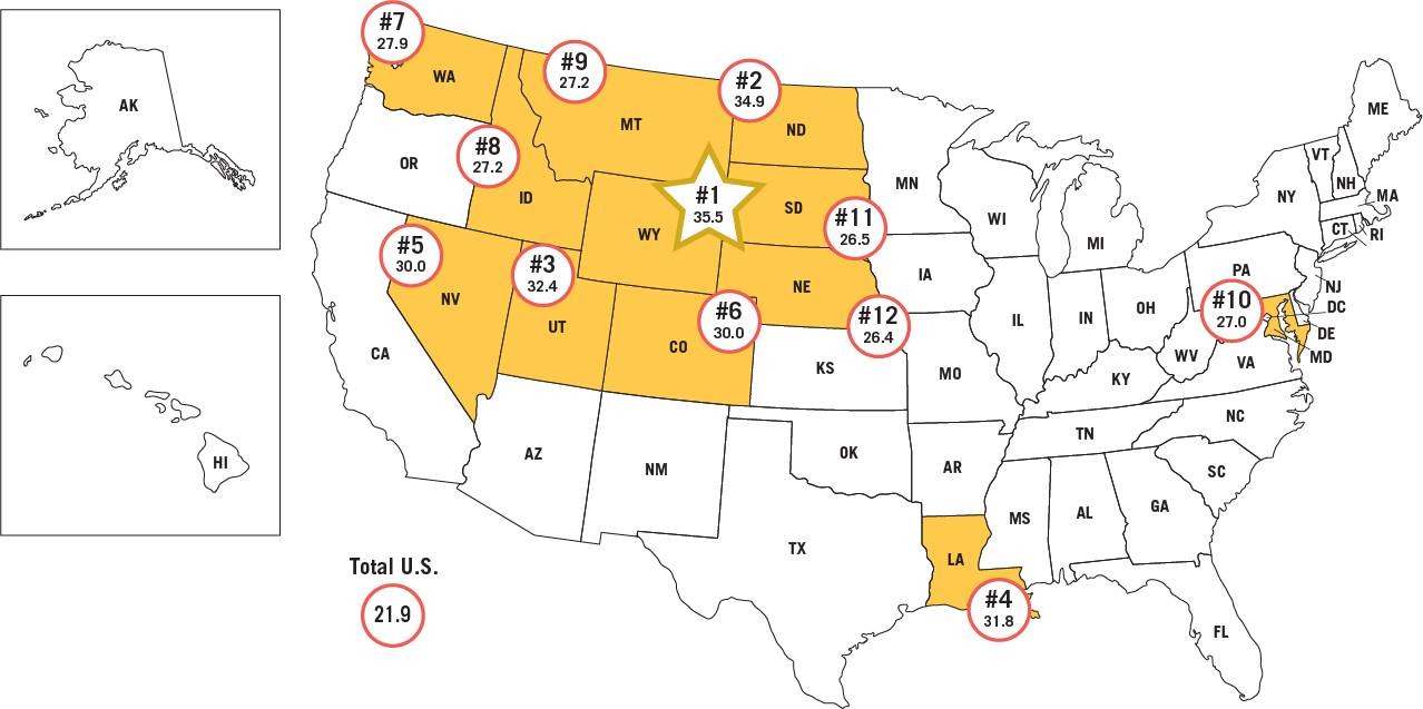 Map 2: Top 12 – Rankings of States by Industrial Sub-Sector Jobs – “Concentration - Construction Jobs Per Million Residents of the State